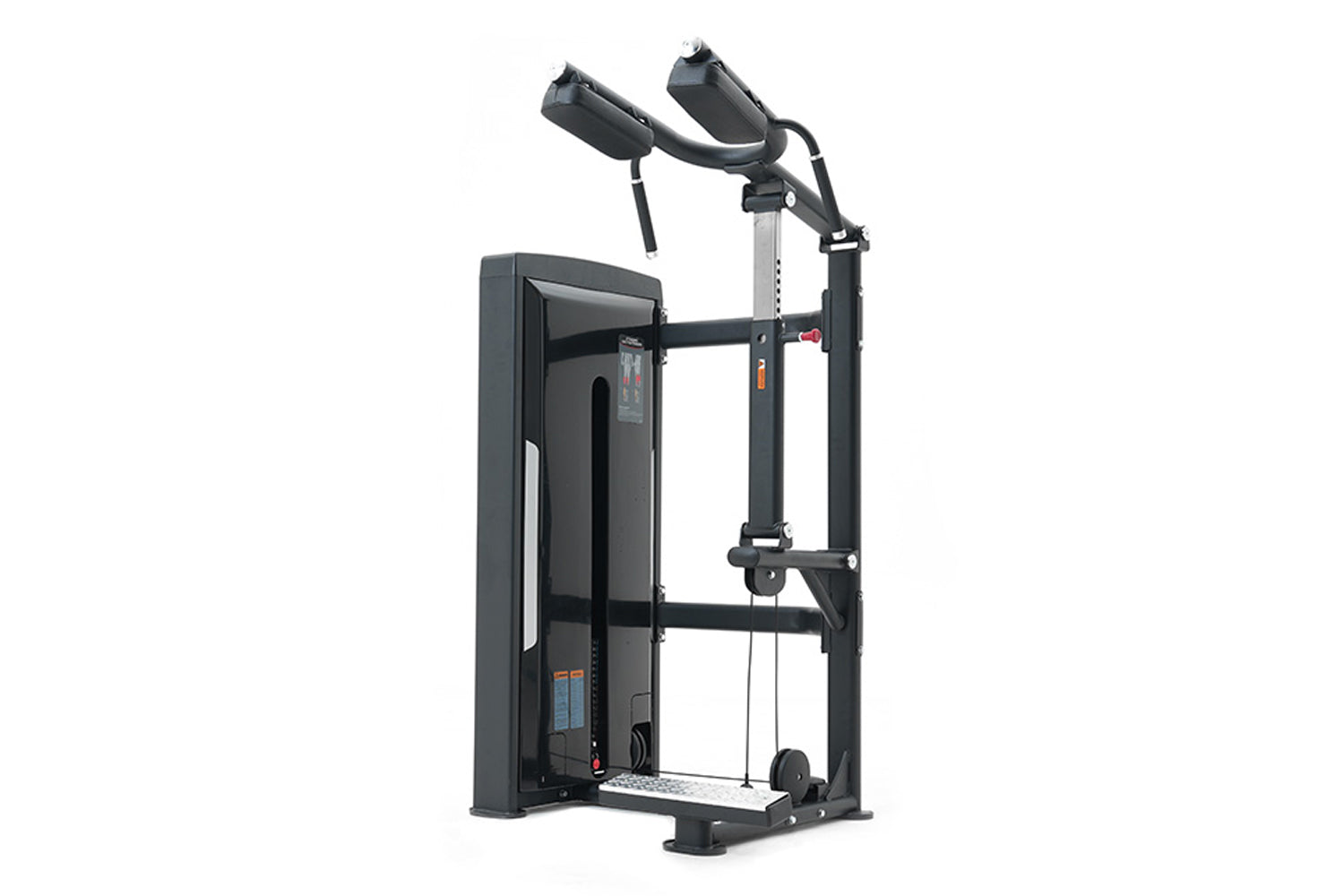 Black commercial calf raise machine with dual padded shoulder supports, adjustable height frame, and footplate on white backg