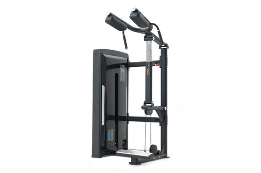 Black commercial calf raise machine with dual padded shoulder supports, adjustable height frame, and footplate on white backg