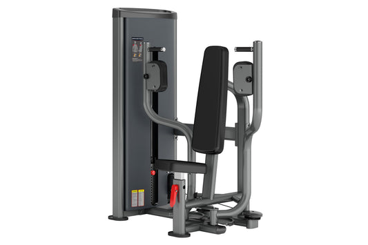 Warrior Deluxe Commercial Series Pectoral machine with gray frame, black padded seat and handles, on white background