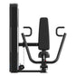 Black commercial chest press machine with padded back support, curved handles, and weight stack on white background