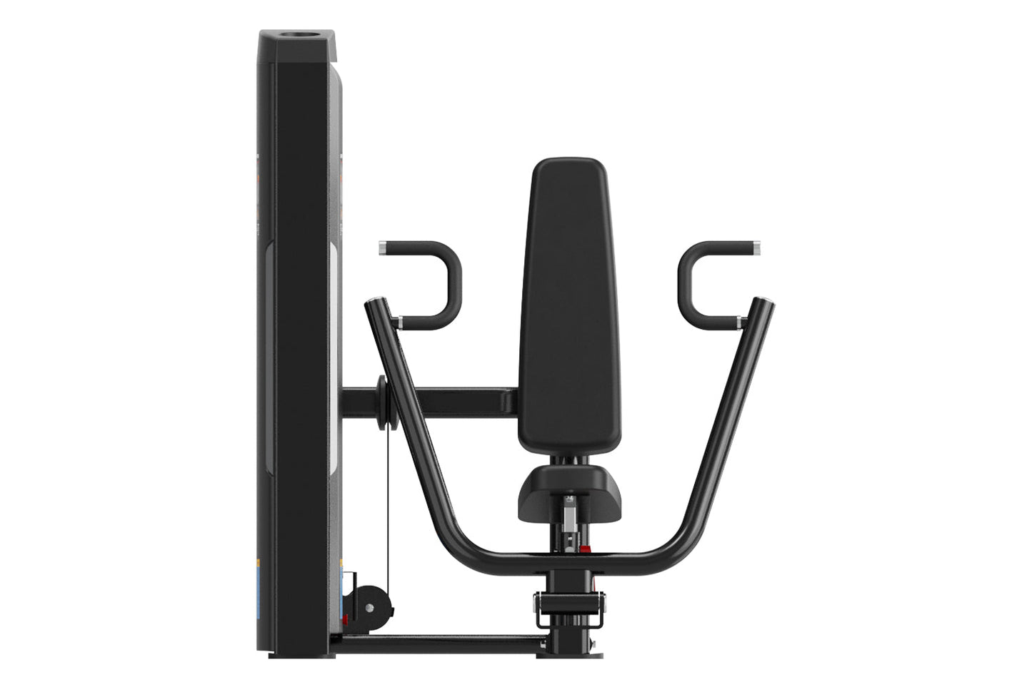 Black commercial chest press machine with padded back support, curved handles, and weight stack on white background