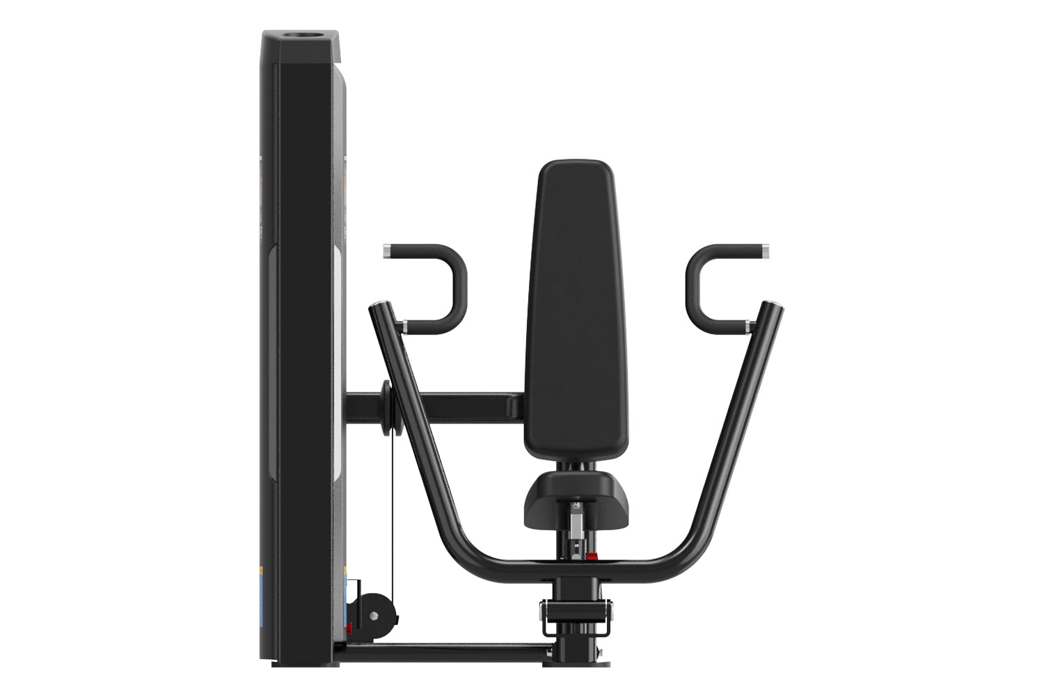 Black commercial chest press machine with padded back support, curved handles, and weight stack on white background