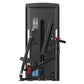 Black commercial chest press machine with adjustable arms, red handles, and instruction label on white background
