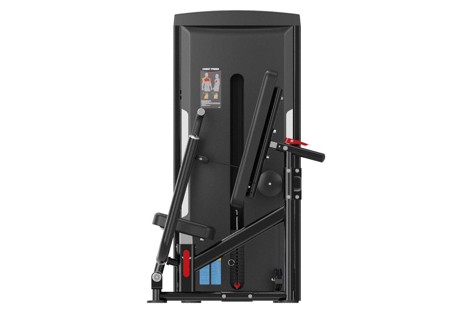 Black commercial chest press machine with adjustable arms, red handles, and instruction label on white background