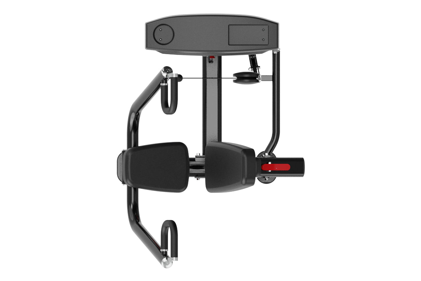 Black and gray commercial chest press machine with padded arm handles, control panel, and red foot lever on white background