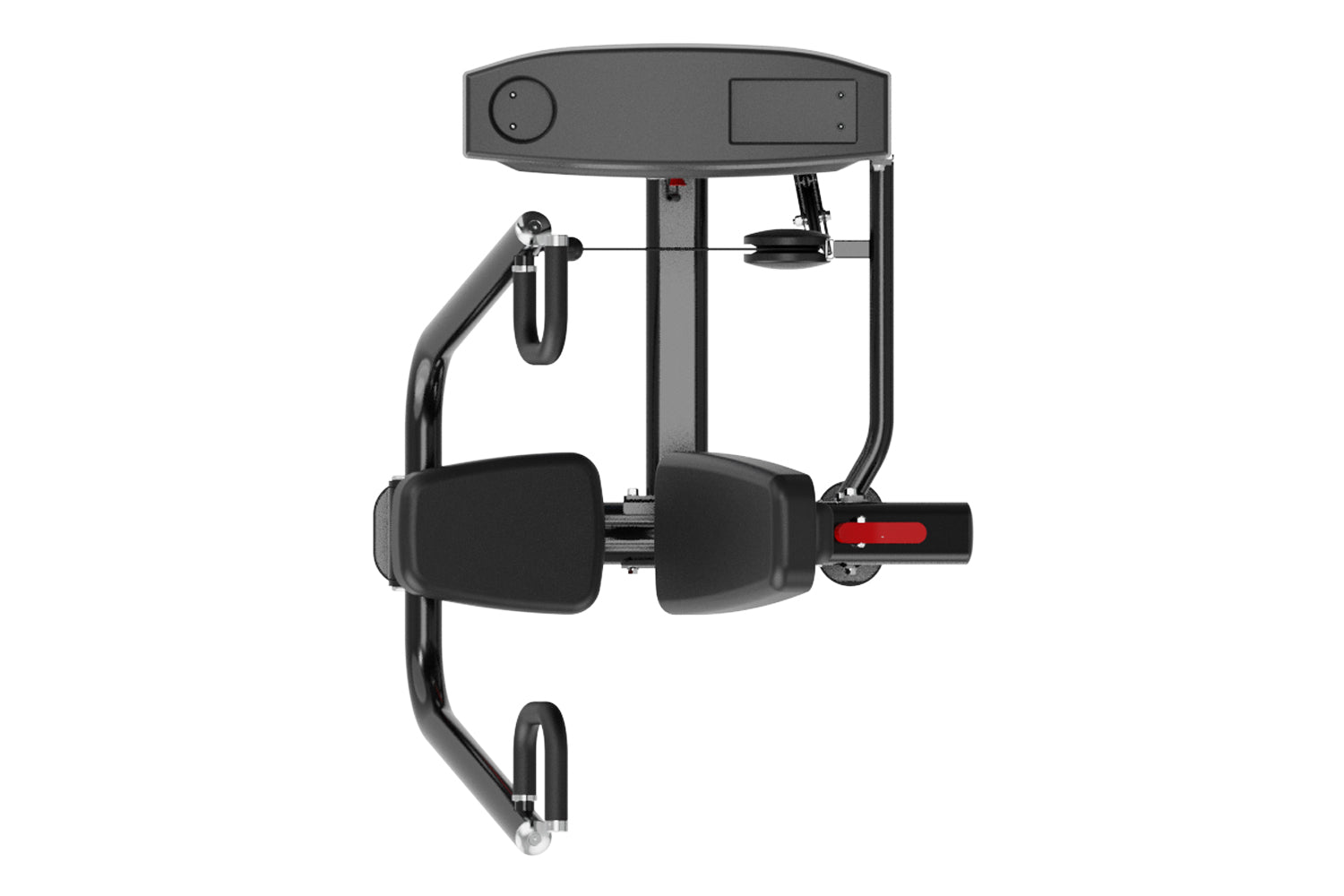 Black and gray commercial chest press machine with padded arm handles, control panel, and red foot lever on white background