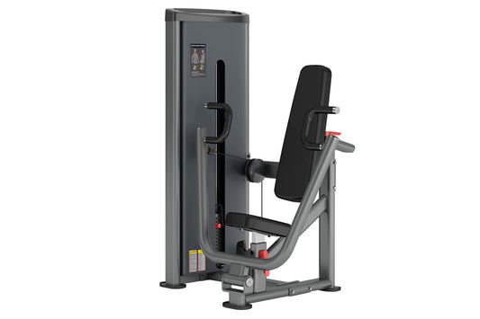 Warrior Deluxe Commercial Series chest press machine with gray frame, black padded seat and backrest, and red accents on whit