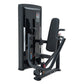 Black commercial chest press machine with digital display, padded seat and armrests, on white background