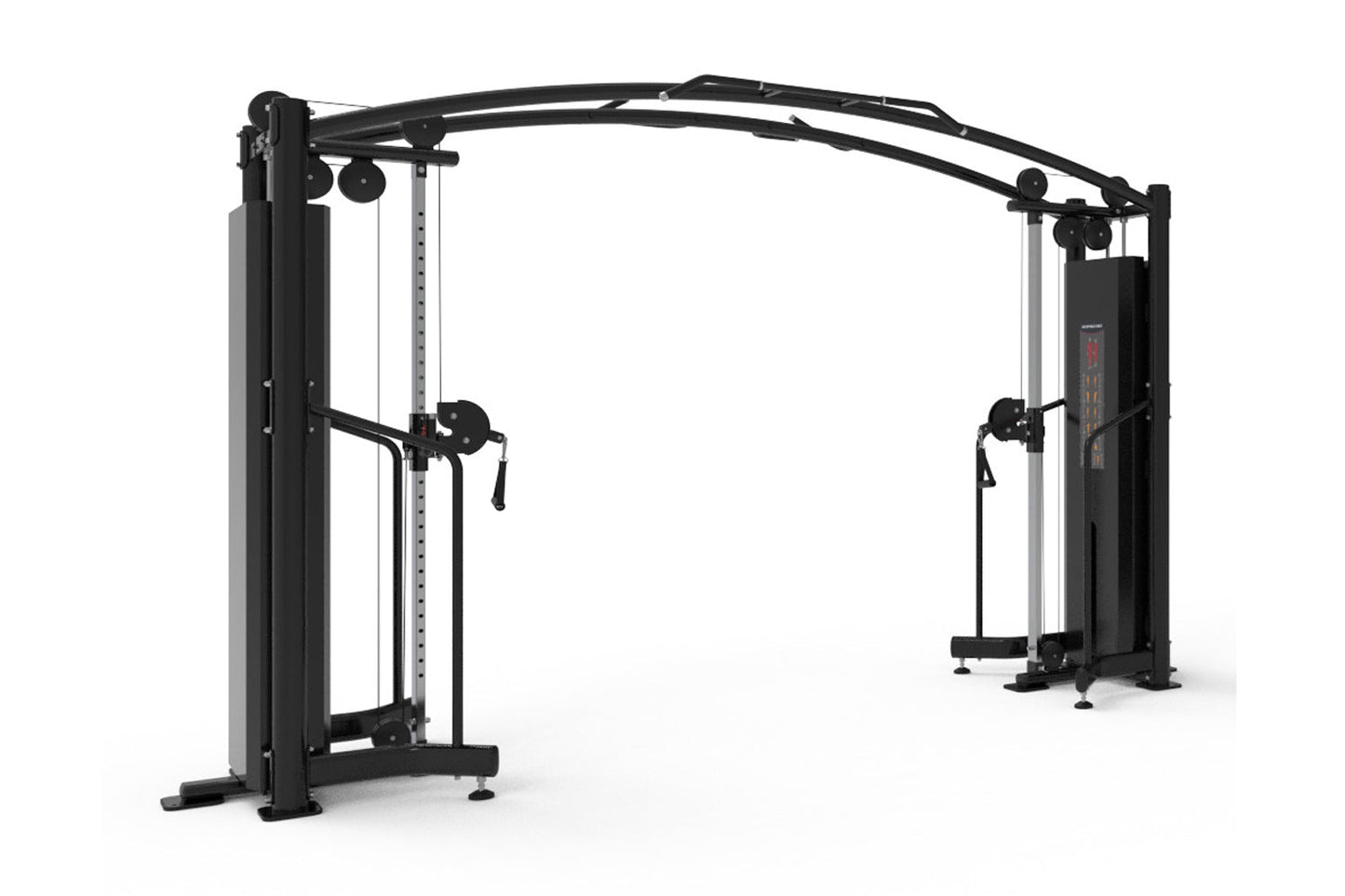 Black and silver cable crossover machine with dual weight stacks and adjustable arms, viewed from the side on white backgroun