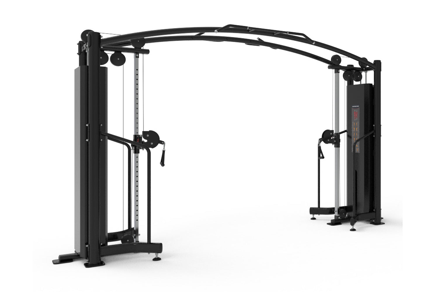Black and silver cable crossover machine with dual weight stacks and adjustable arms, viewed from the side on white backgroun