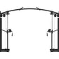 Black cable crossover machine with dual towers, curved top rail, and adjustable pulleys on white background