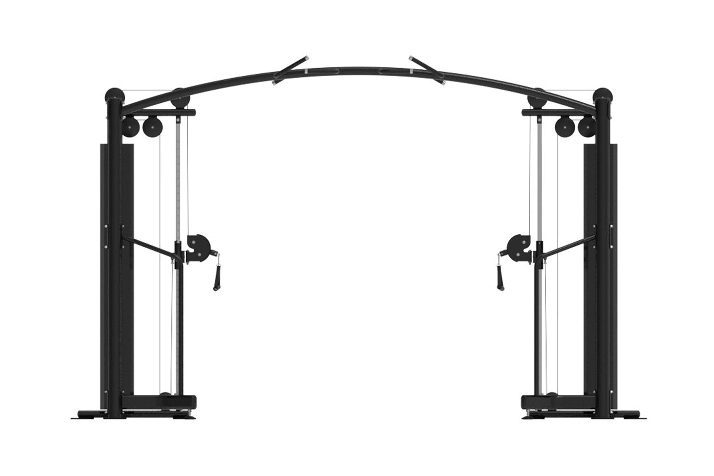 Black cable crossover machine with dual towers, curved top rail, and adjustable pulleys on white background