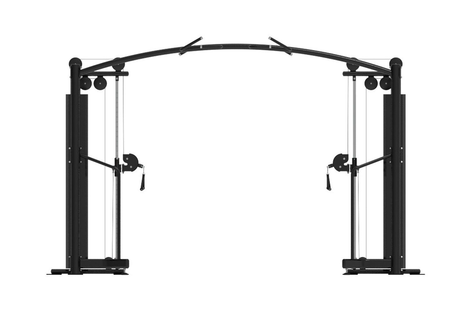 Black cable crossover machine with dual towers, curved top rail, and adjustable pulleys on white background