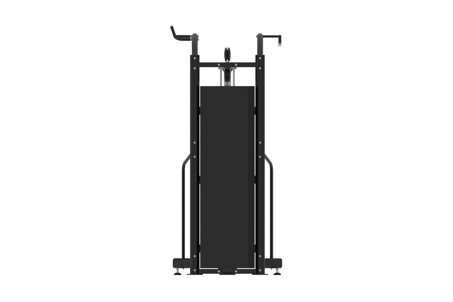Black commercial crossover cable machine with dual adjustable arms and padded seat on white background