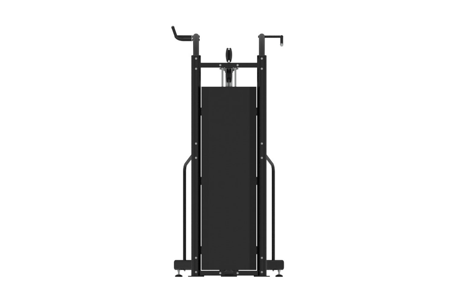 Black commercial crossover cable machine with dual adjustable arms and padded seat on white background