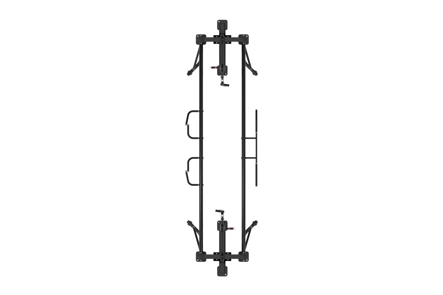Black cable crossover machine with dual pulleys, handles, and weight pin slots on white background