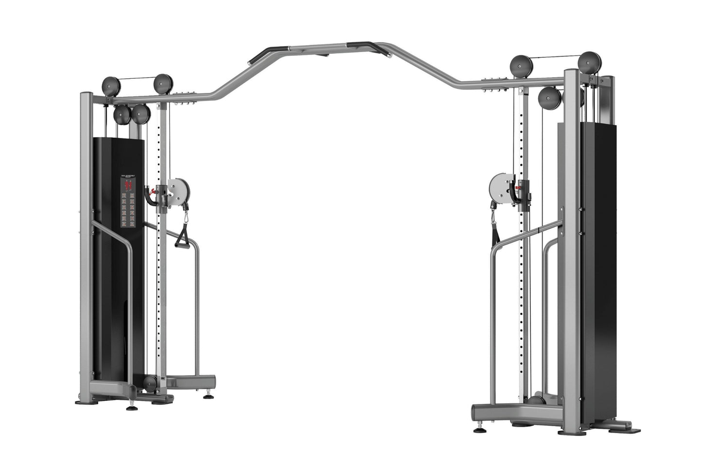 Warrior Deluxe Commercial Series dual cable crossover machine with silver frame, black pads, and adjustable pulleys on white 
