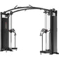 Black dual-station cable crossover machine with curved top bar, adjustable pulleys, and digital control panel on white backgr