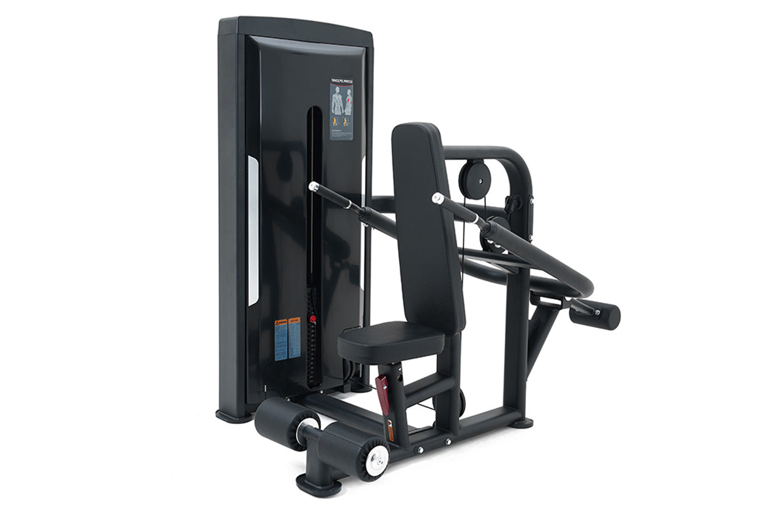 Black commercial dip press machine with padded seat and backrest, touchscreen display, and sturdy metal frame on white backgr