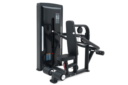 Black commercial dip press machine with padded seat and backrest, touchscreen display, and sturdy metal frame on white backgr