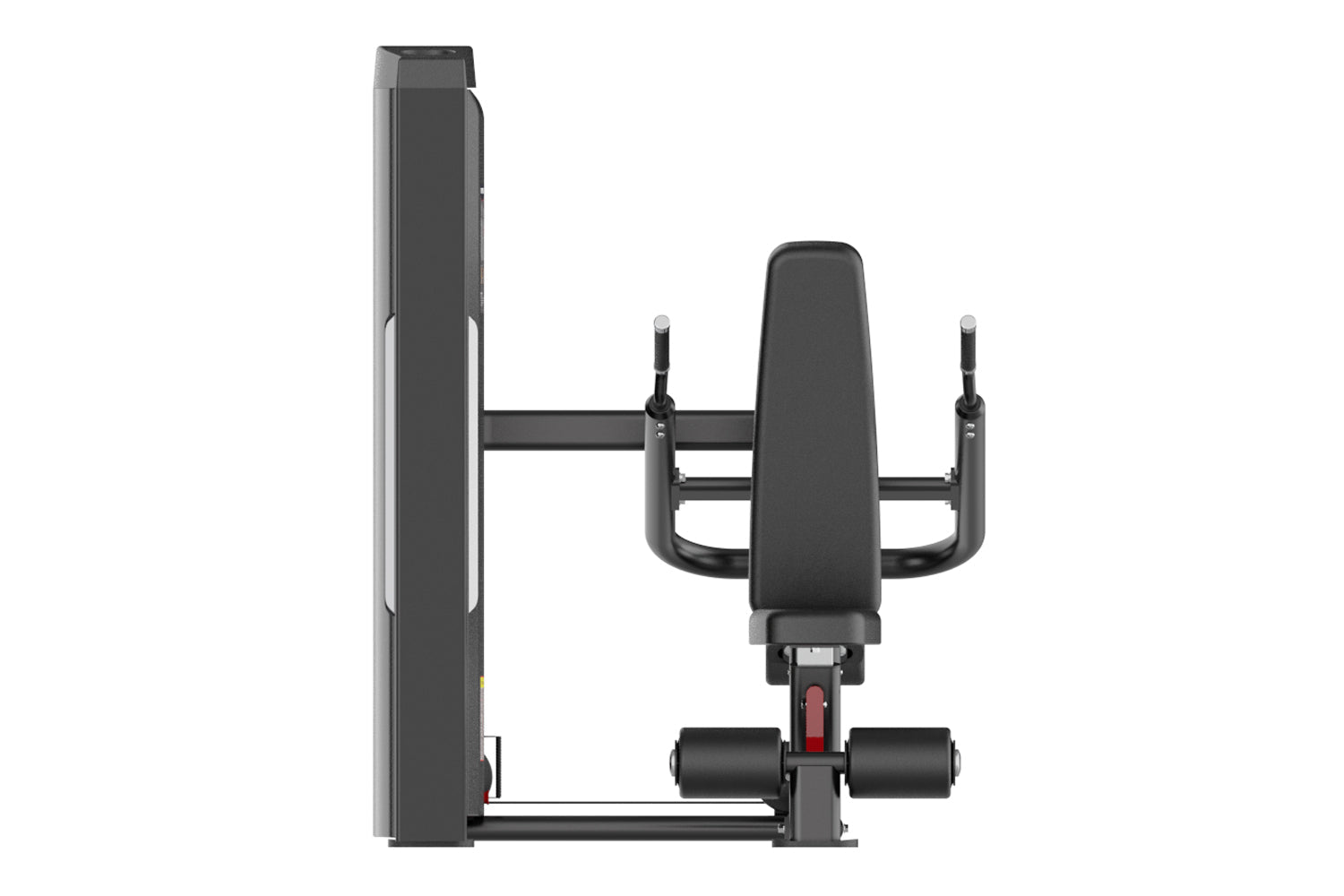 Black commercial dip press machine with padded seat, dual handles, and weight stack on white background
