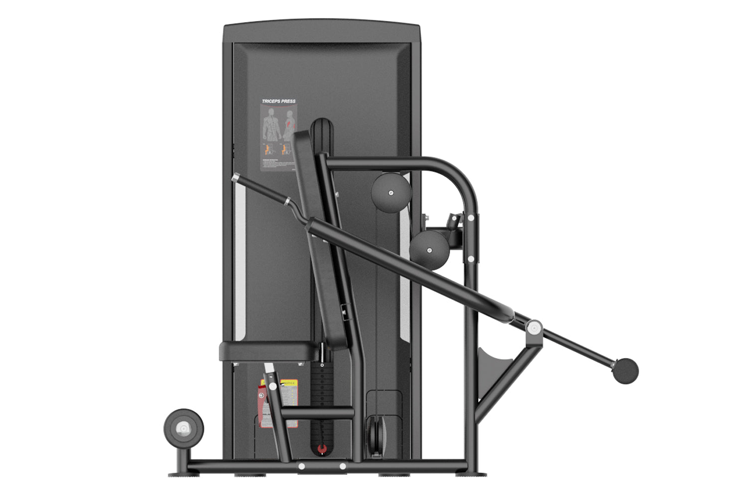 Black Warrior Pro commercial dip press machine with digital display screen, padded handles, and weight stack, viewed from sid