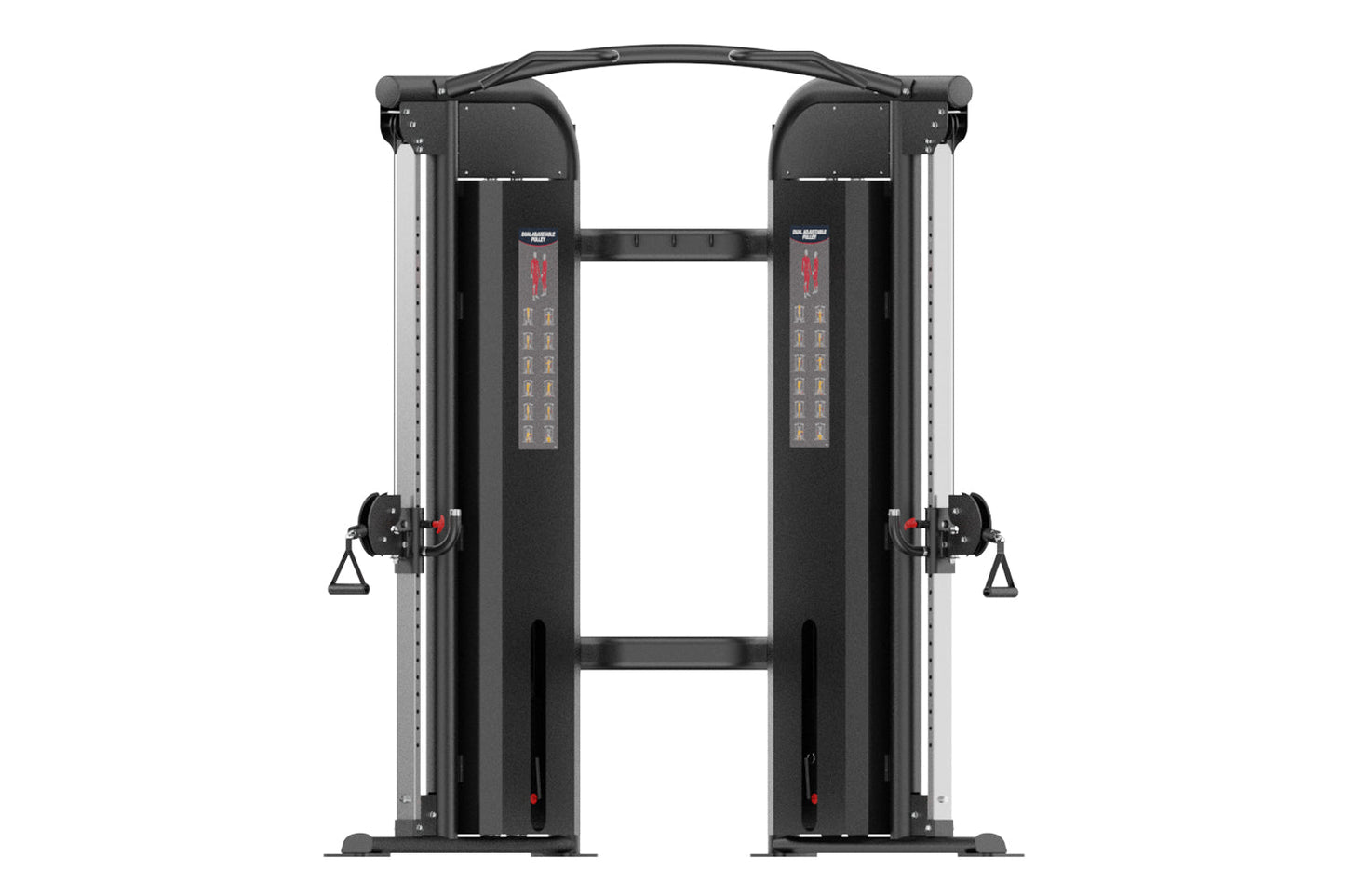 Warrior Pro Commercial Series dual adjustable pulley machine with black frames, silver side columns, digital displays, and ca