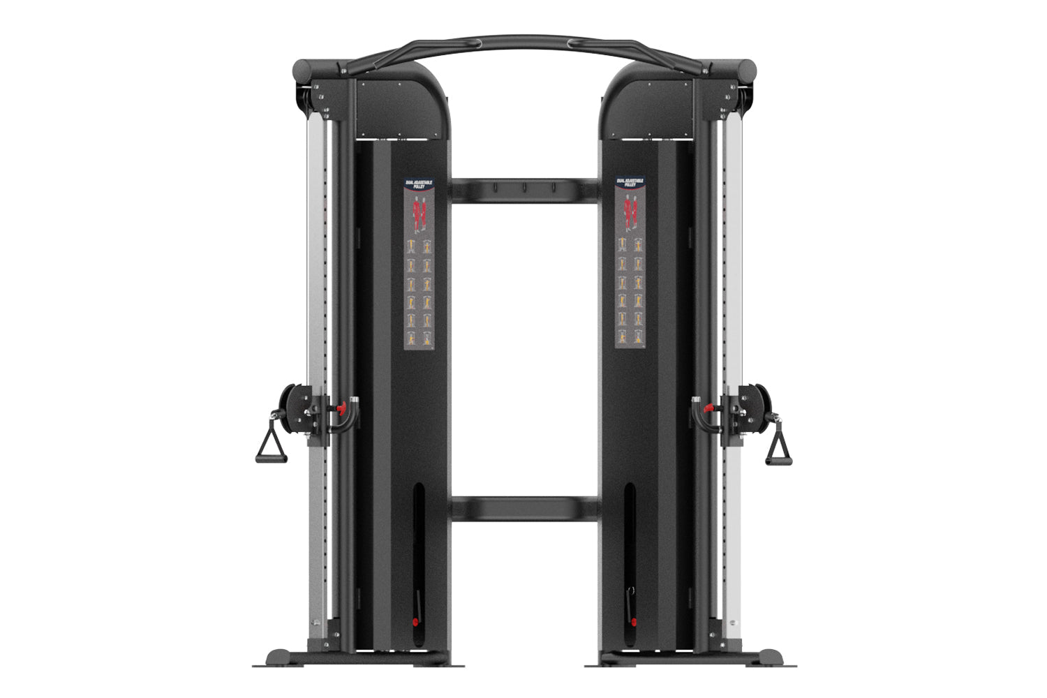 Warrior Pro Commercial Series dual adjustable pulley machine with black frames, silver side columns, digital displays, and ca