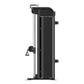 Black and silver commercial dual adjustable pulley machine with weight stack on white background