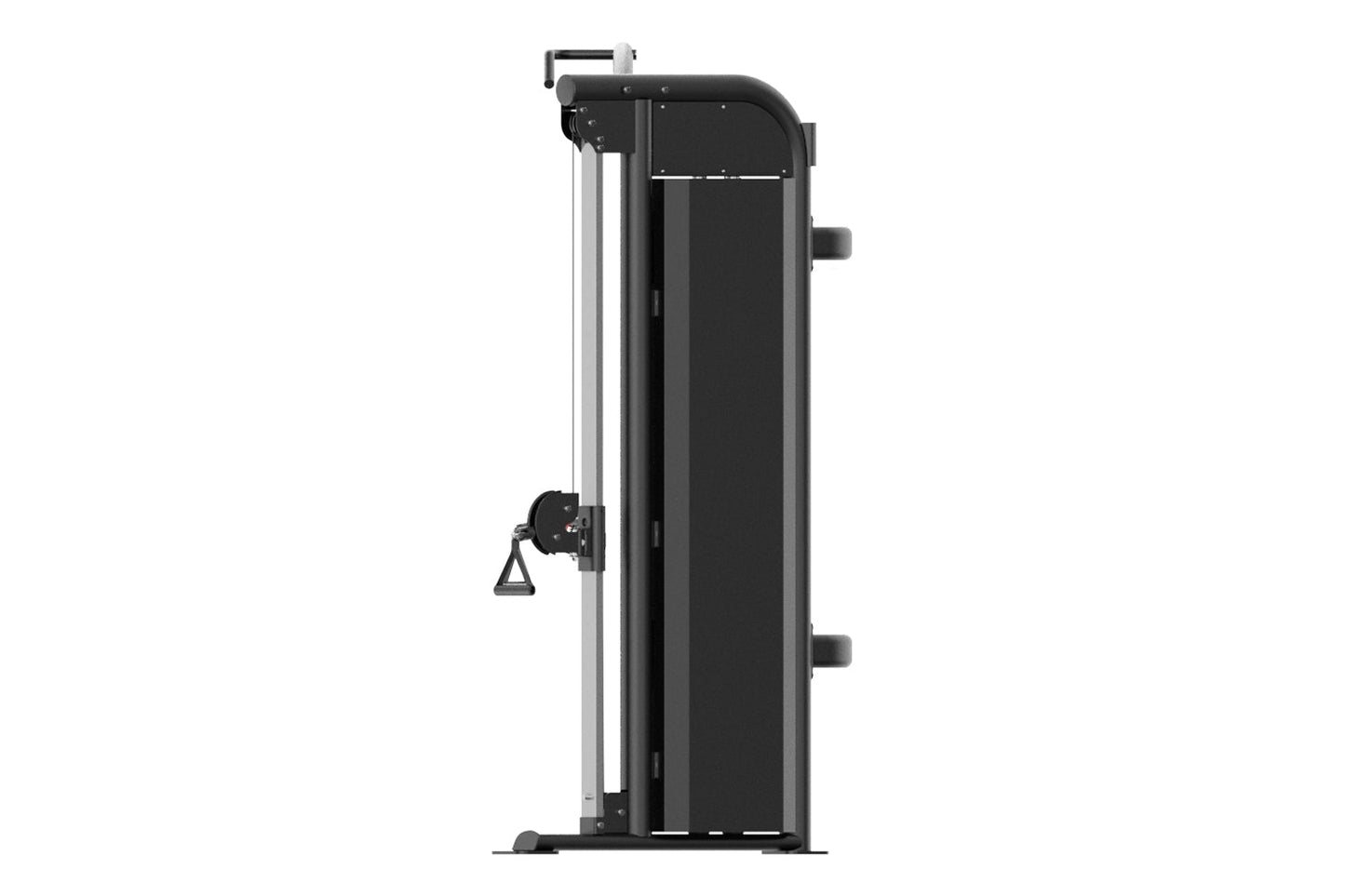 Black and silver commercial dual adjustable pulley machine with weight stack on white background