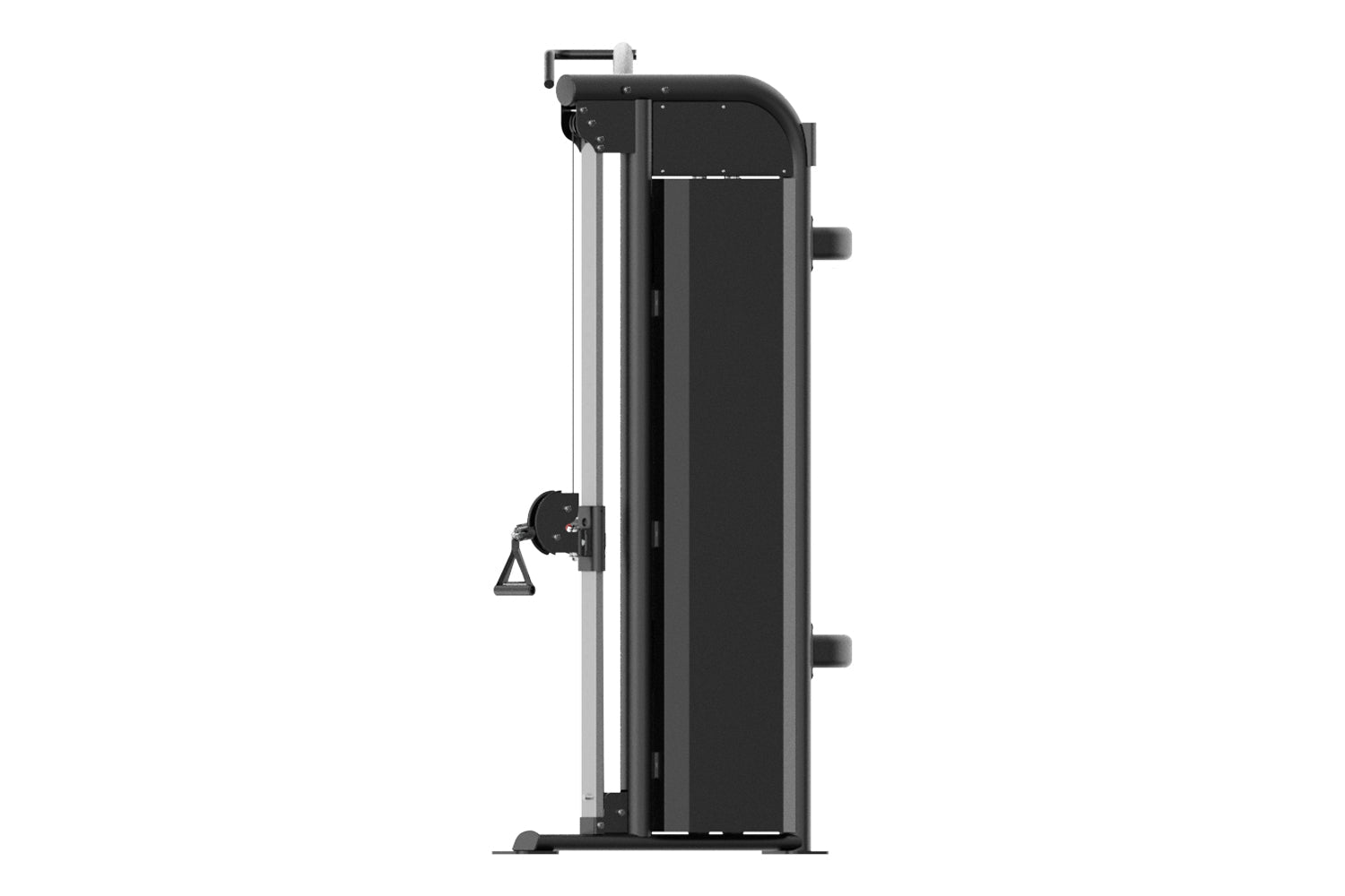 Black and silver commercial dual adjustable pulley machine with weight stack on white background