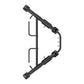 Black dual adjustable pulley machine with two telescoping arms, metal frame, and red adjustment handles on white background