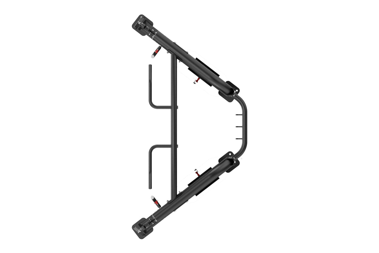 Black dual adjustable pulley machine with two telescoping arms, metal frame, and red adjustment handles on white background