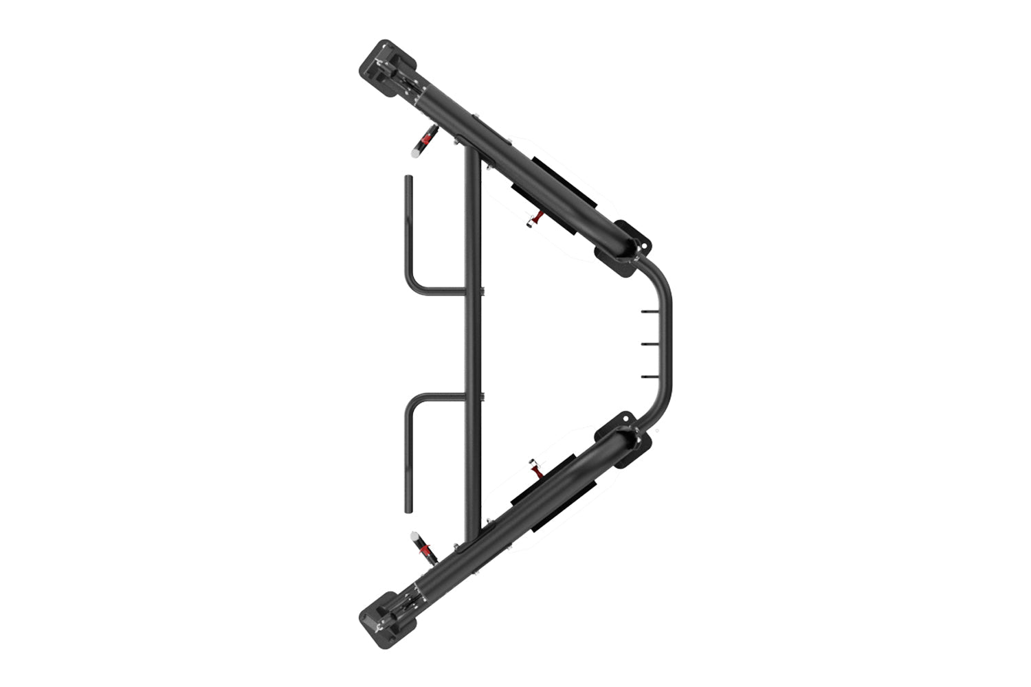 Black dual adjustable pulley machine with two telescoping arms, metal frame, and red adjustment handles on white background