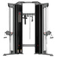 Black and gray dual cable machine with adjustable pulleys, weight stacks, and handles on white background