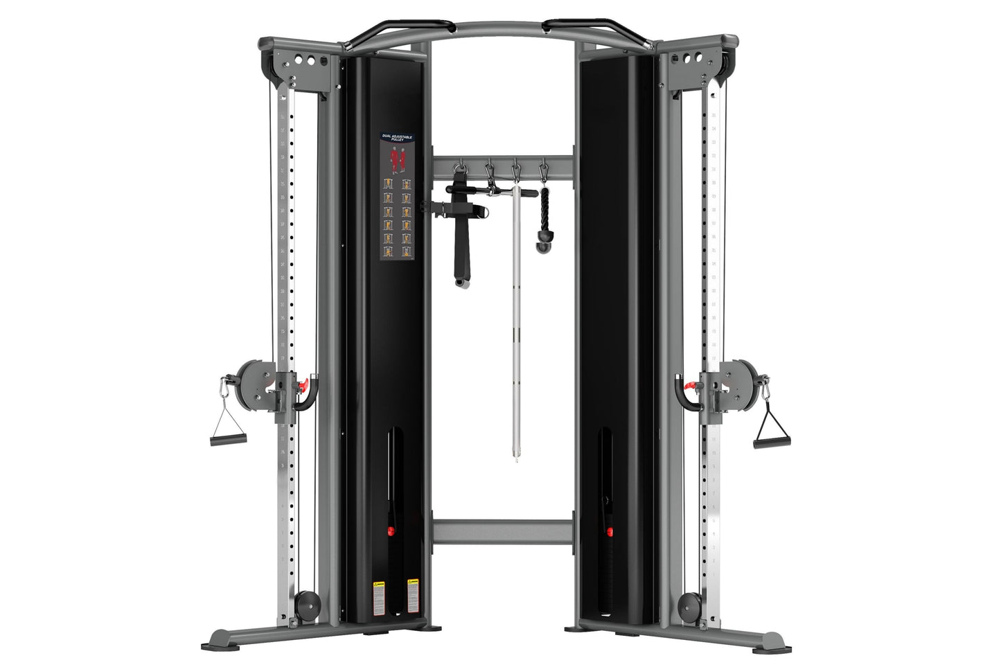 Black and gray dual cable machine with adjustable pulleys, weight stacks, and handles on white background