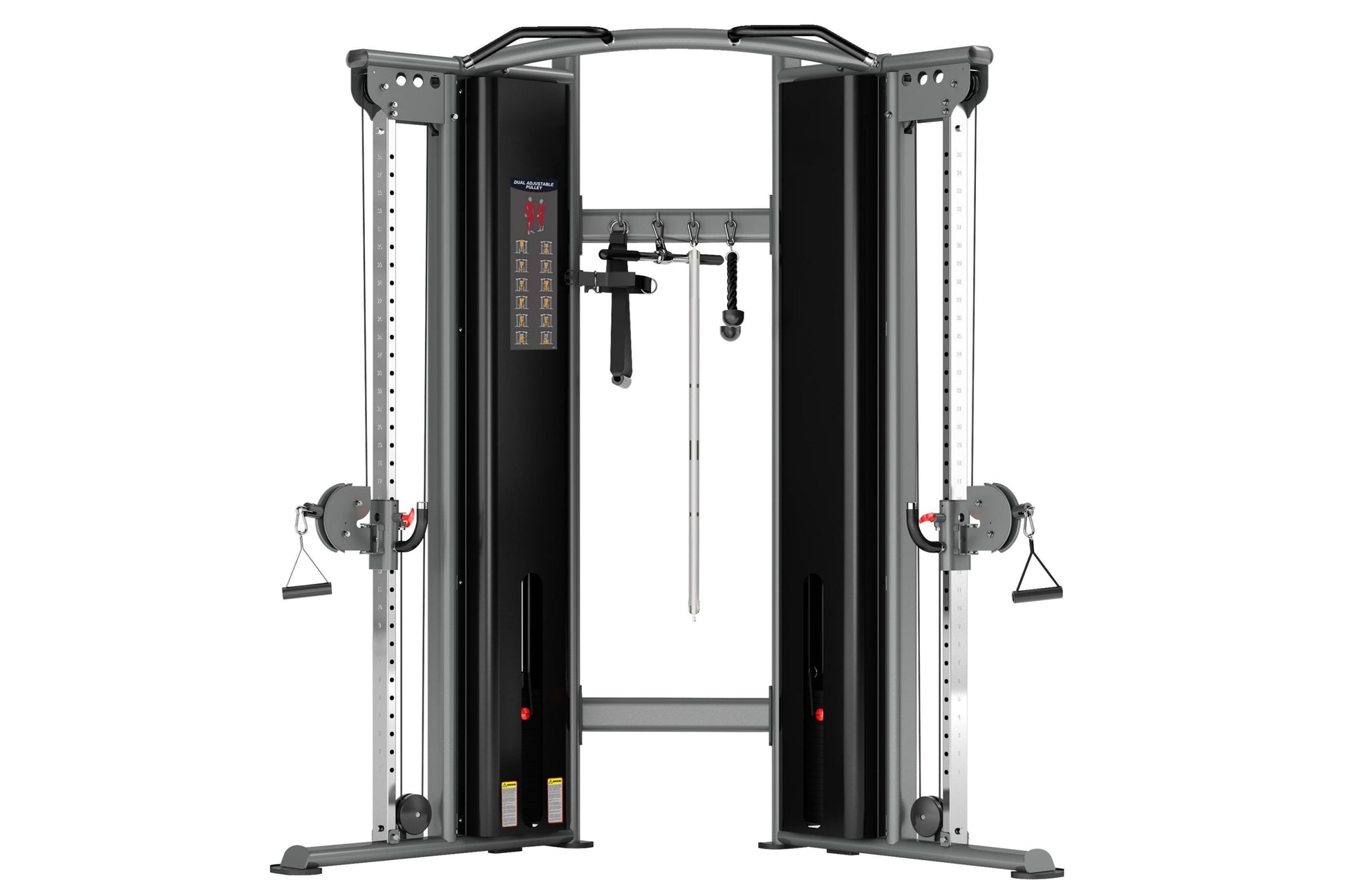 Black and gray dual cable machine with adjustable pulleys, weight stacks, and handles on white background