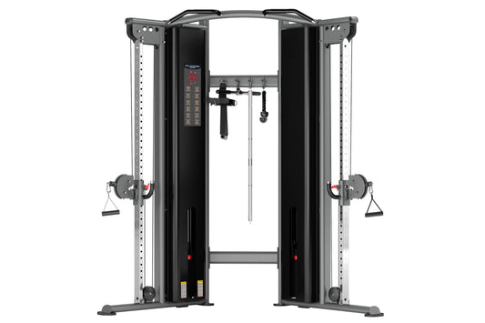 Black and gray dual cable machine with adjustable pulleys, weight stacks, and handles on white background