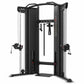 Black and silver dual adjustable pulley cable machine with weight stacks, pulleys, and attachment handles on white background