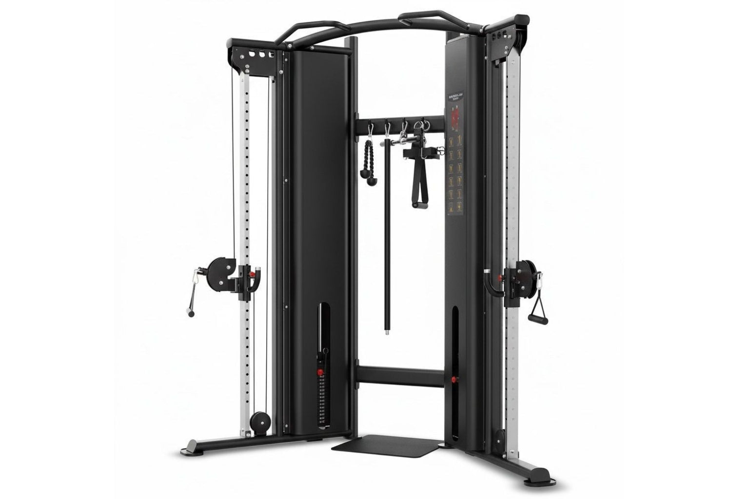 Black and silver dual adjustable pulley cable machine with weight stacks, pulleys, and attachment handles on white background