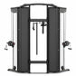 Black and silver dual adjustable pulley machine with cable system and weight stacks on white background
