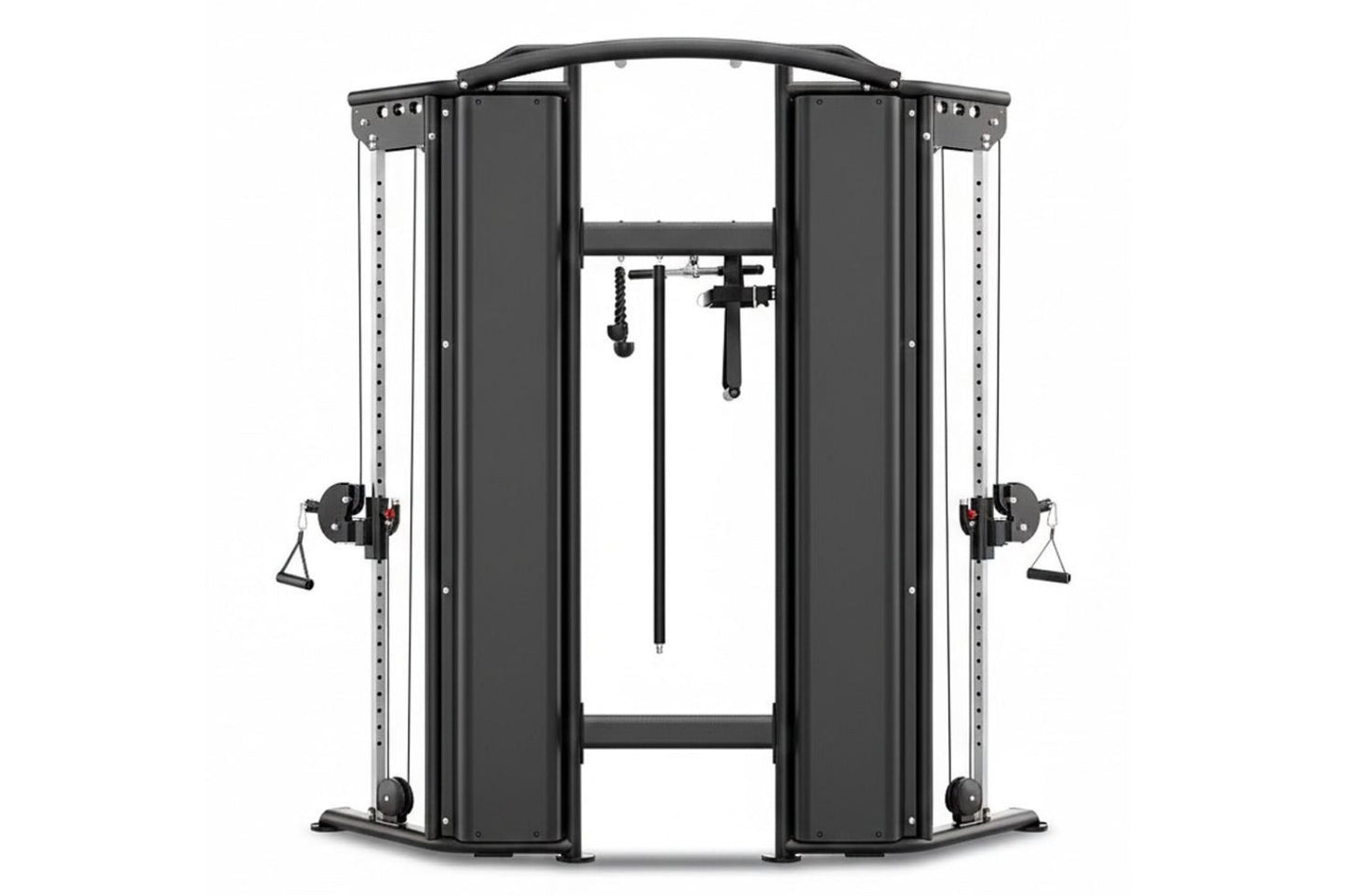 Black and silver dual adjustable pulley machine with cable system and weight stacks on white background