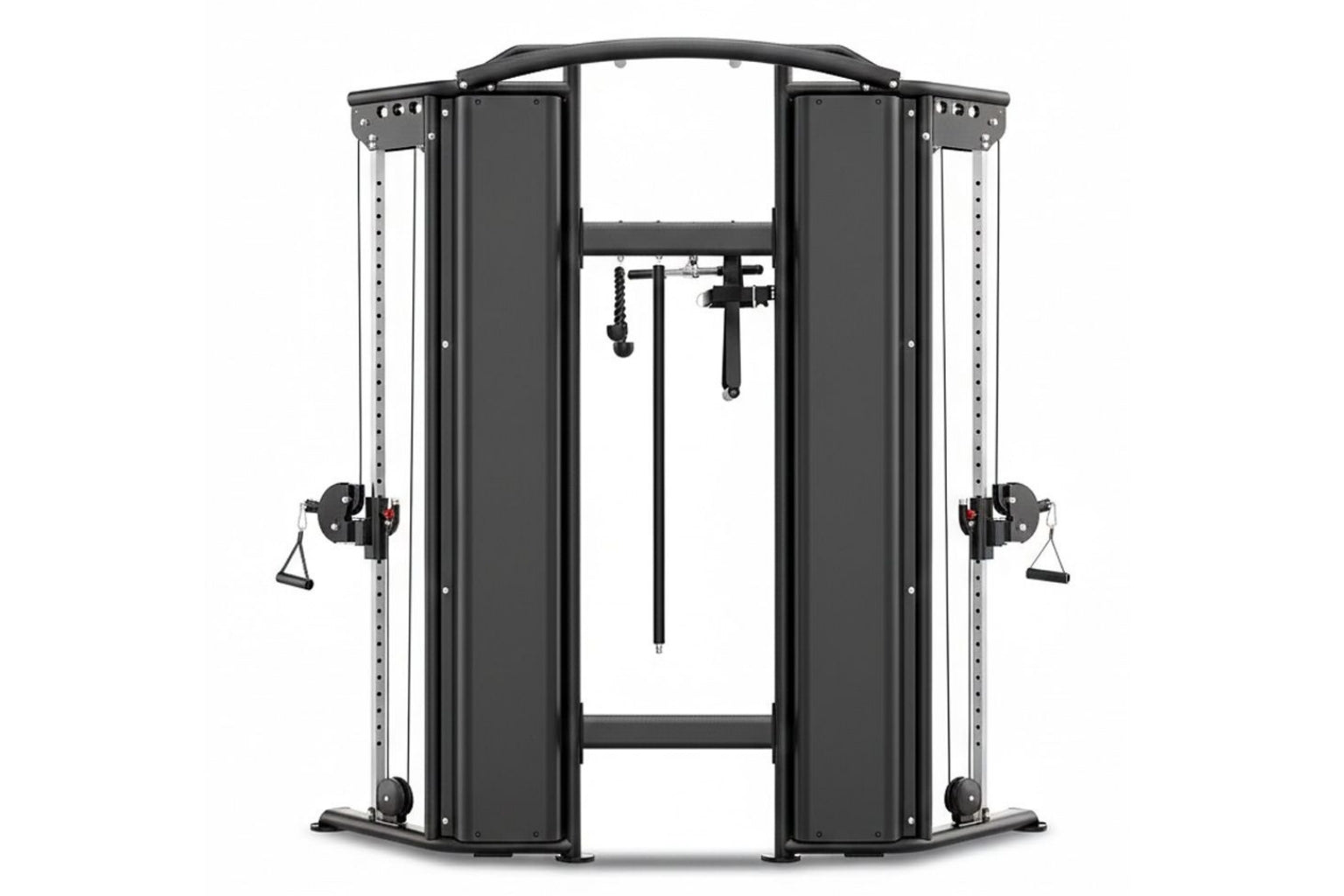 Black and silver dual adjustable pulley machine with cable system and weight stacks on white background