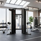 Black dual adjustable cable machine with pulleys in modern gym setting, surrounded by dumbbells and other fitness equipment