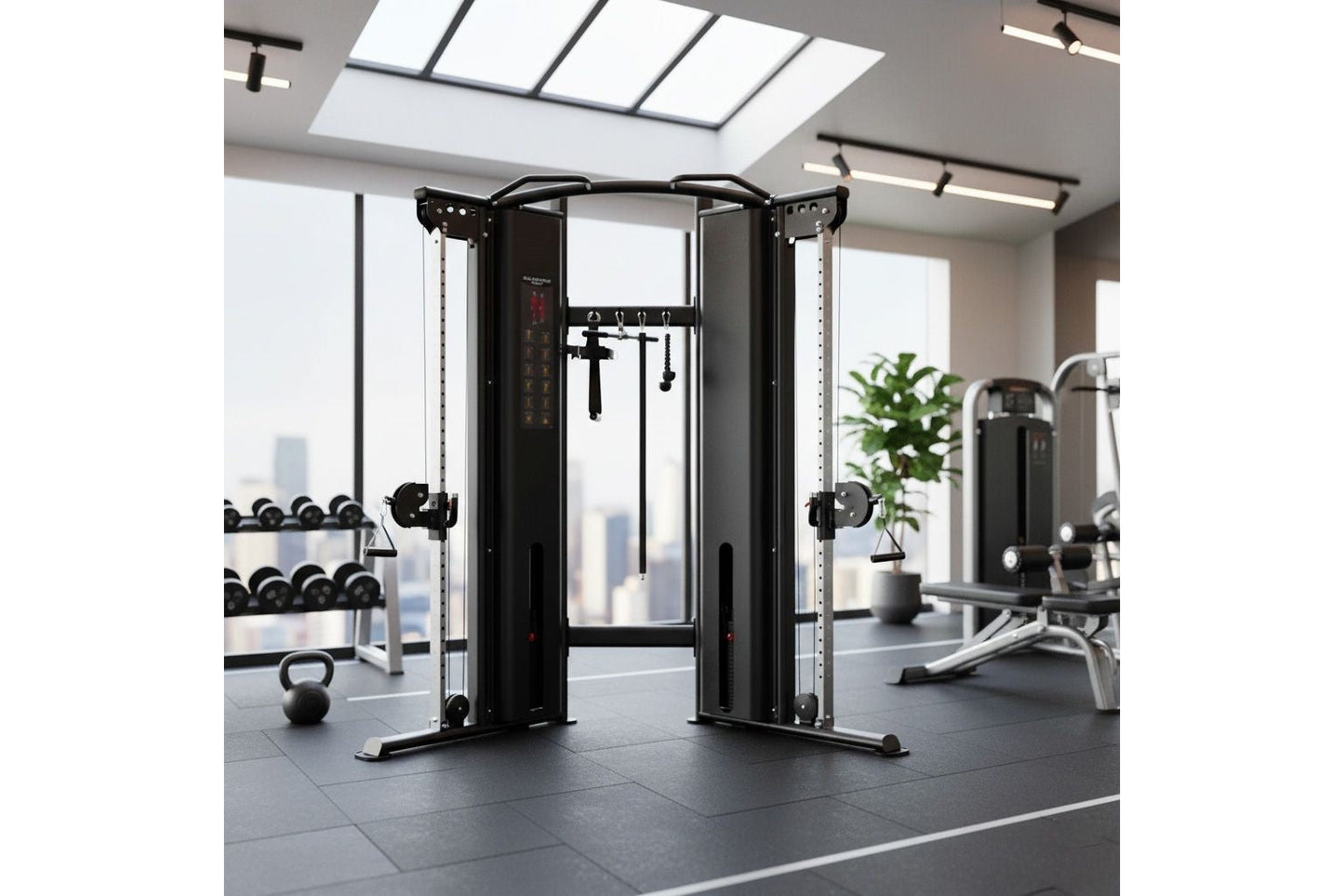 Black dual adjustable cable machine with pulleys in modern gym setting, surrounded by dumbbells and other fitness equipment