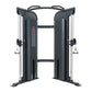 Warrior Pro Commercial Series dual adjustable pulley machine with black and silver frame, dual cable stations with handles, a