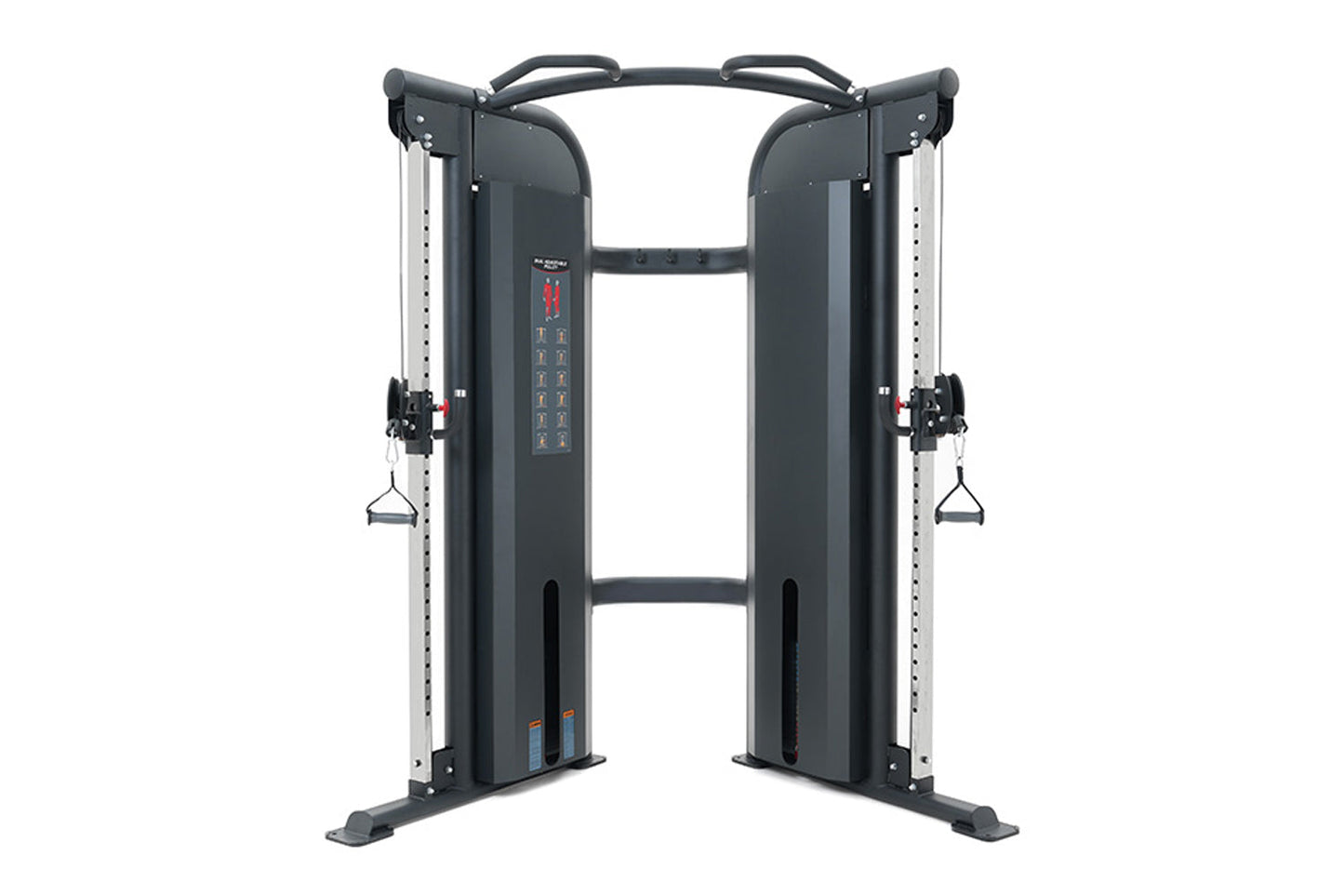 Warrior Pro Commercial Series dual adjustable pulley machine with black and silver frame, dual cable stations with handles, a