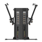 Black dual-arm functional trainer with adjustable weight stacks, instruction placards, and resistance handles on white backgr