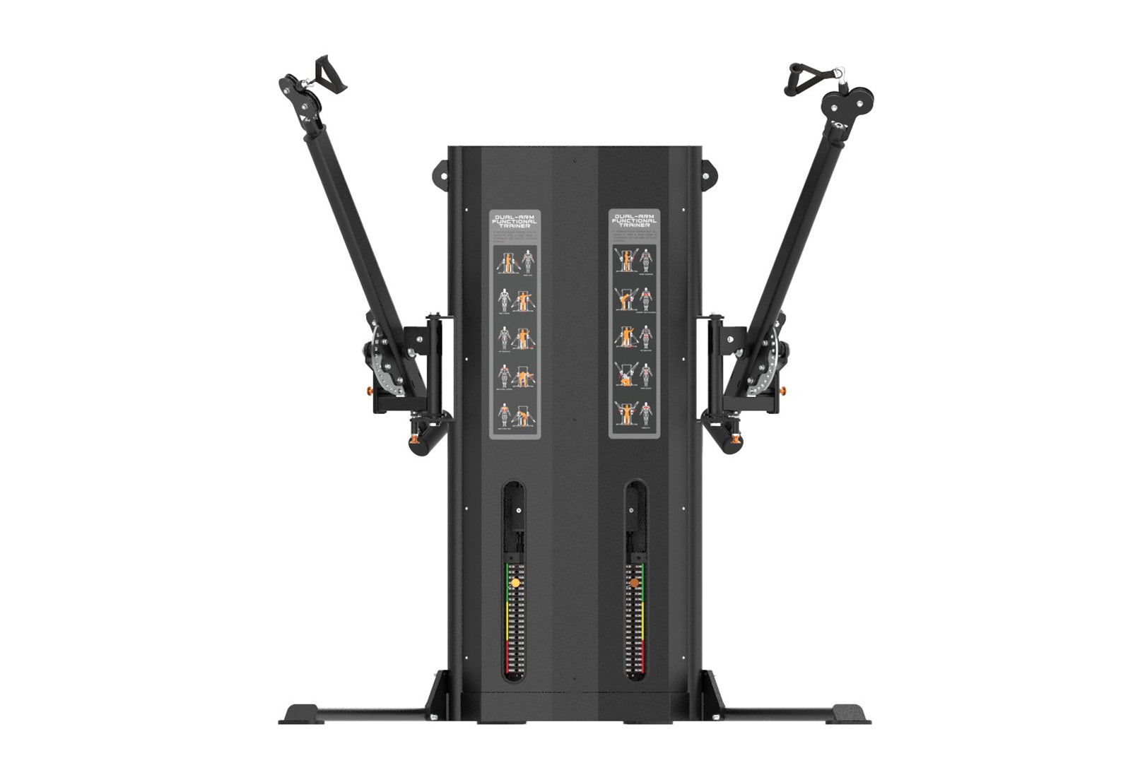 Black dual-arm functional trainer with adjustable weight stacks, instruction placards, and resistance handles on white backgr