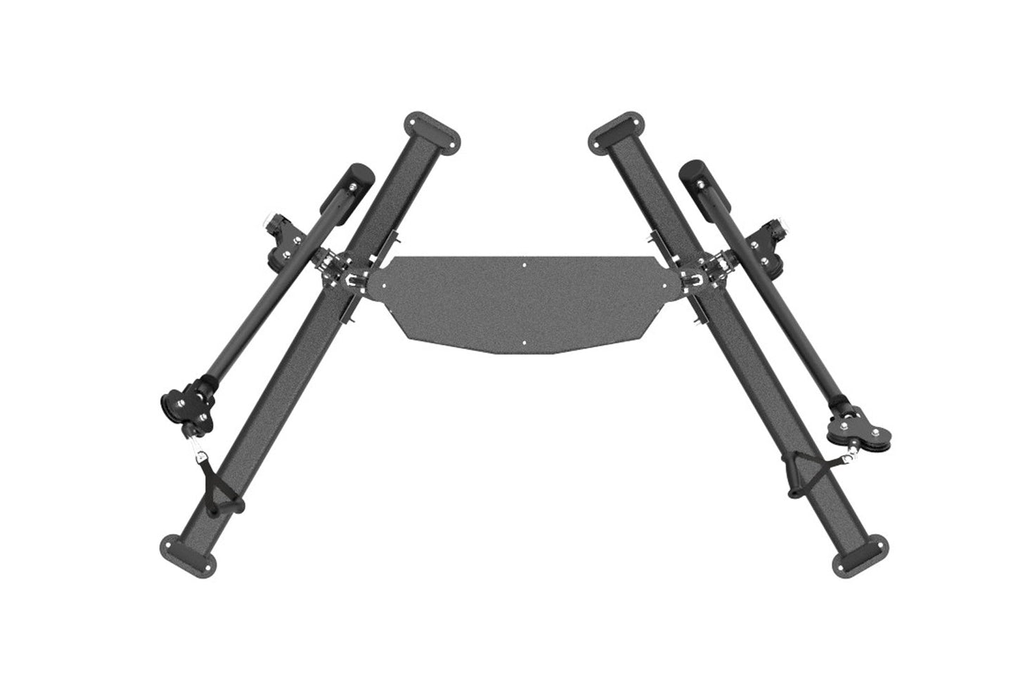 Black dual-arm functional trainer with extending poles, metal connectors, and foot pads on white background